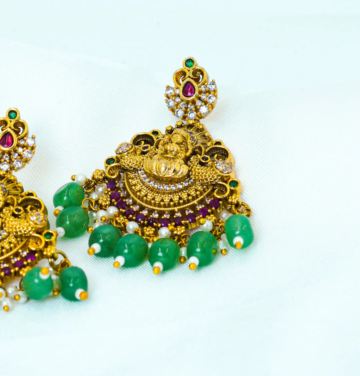 Emerald Green Temple Lakshmi Beads Necklace Set