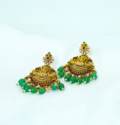 Emerald Green Temple Lakshmi Beads Necklace Set