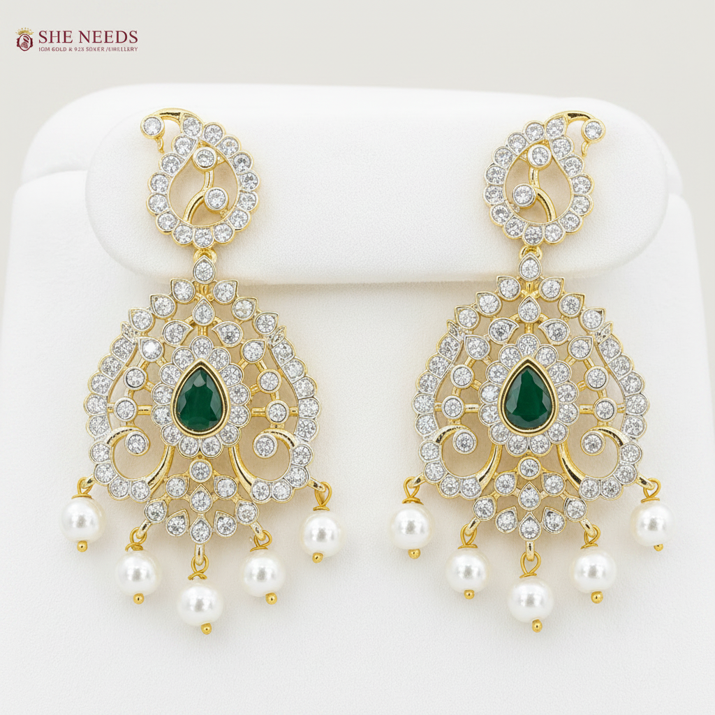Emerald Green American Diamond Stone Traditional Necklace Set with Pearl Drop