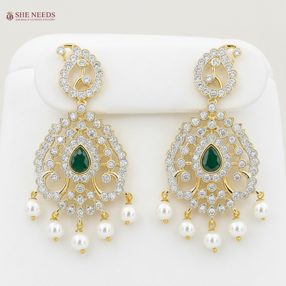 Emerald Green American Diamond Stone Traditional Necklace Set with Pearl Drop