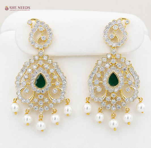 Emerald Green AD Stone Traditional Necklace Set with Pearl Drop