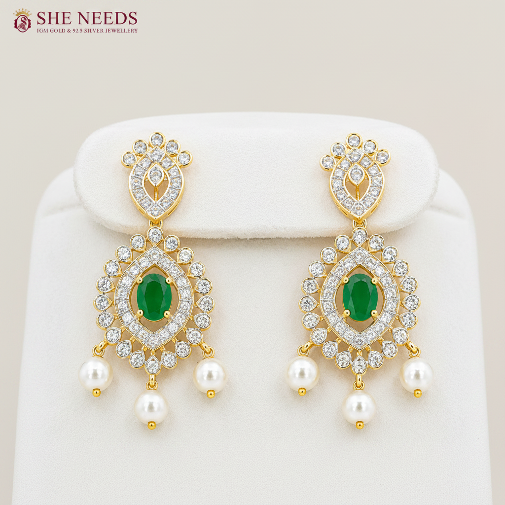 Emerald Green American Diamond Stone Pearl Drop Necklace Set