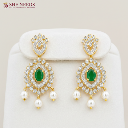 Emerald Green American Diamond Stone Pearl Drop Necklace Set