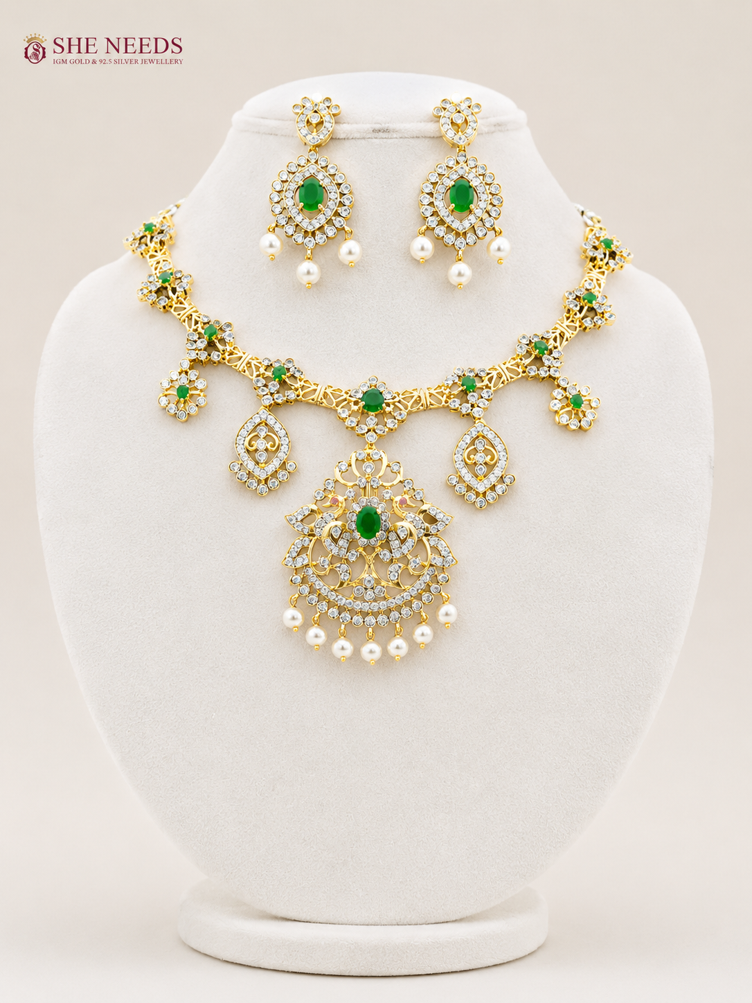 Emerald Green American Diamond Stone Pearl Drop Necklace Set