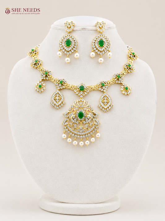 Emerald Green AD Stone Pearl Drop Necklace Set