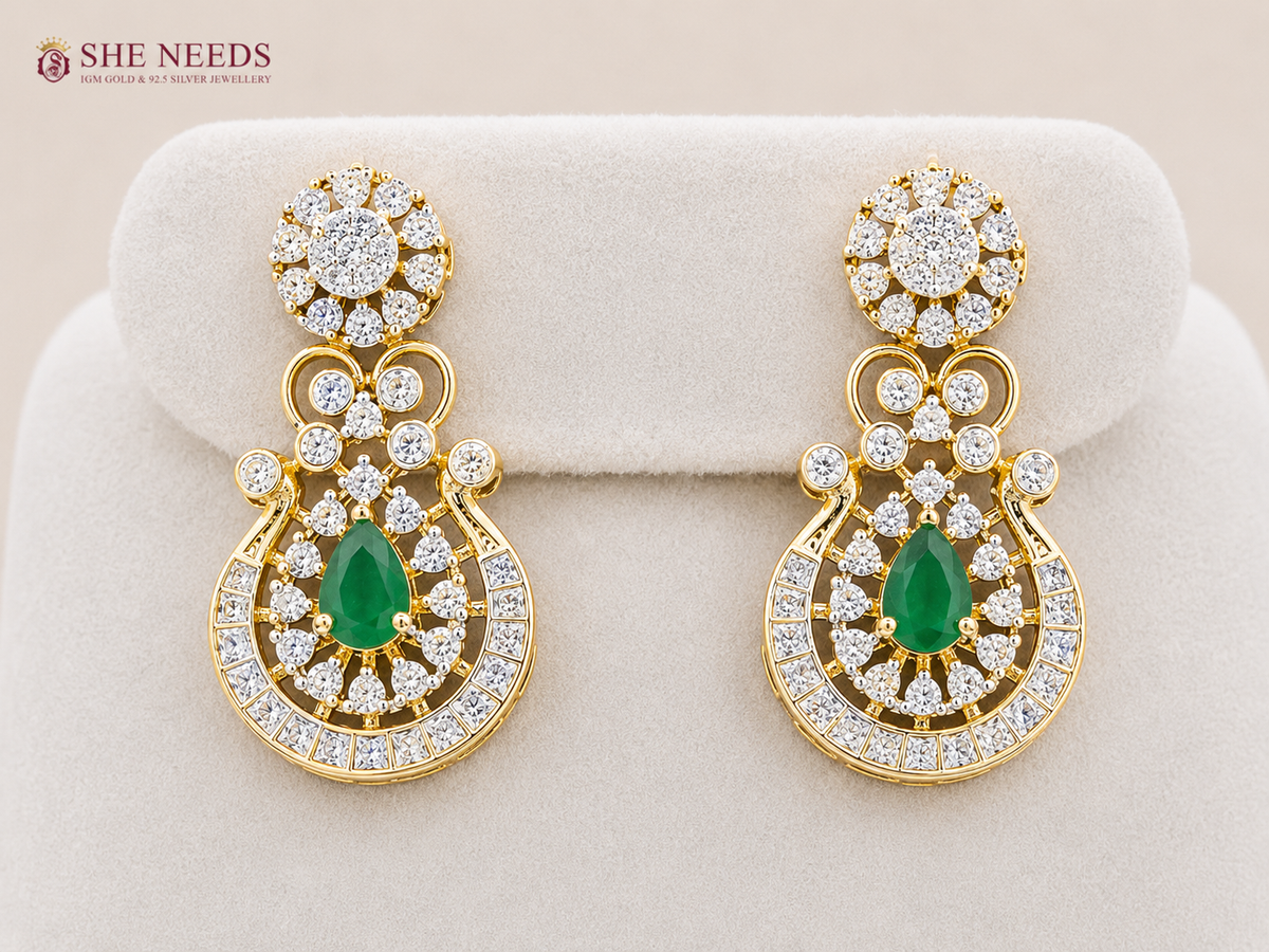 Emerald Green AD Stone Pendant Necklace Set with Designer Earrings