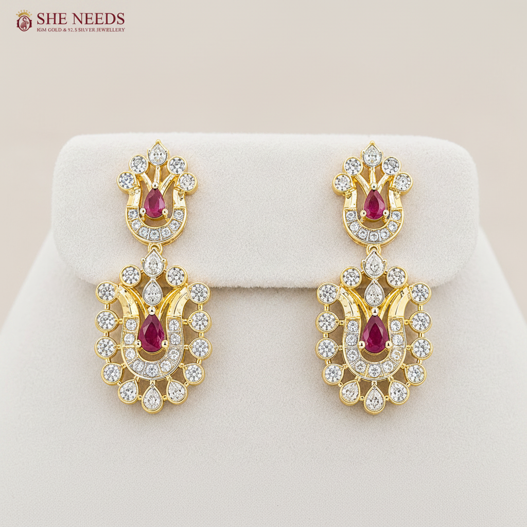 Ruby Pink American Diamond Stone Pearl Drop Choker Necklace Set
