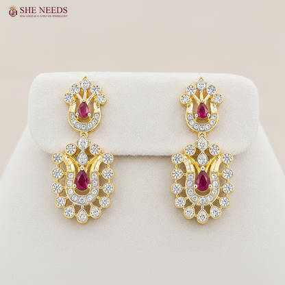 Ruby Pink American Diamond Stone Pearl Drop Choker Necklace Set