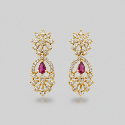 Ruby Pink American Diamond Stone Floral Bridal Necklace Set
