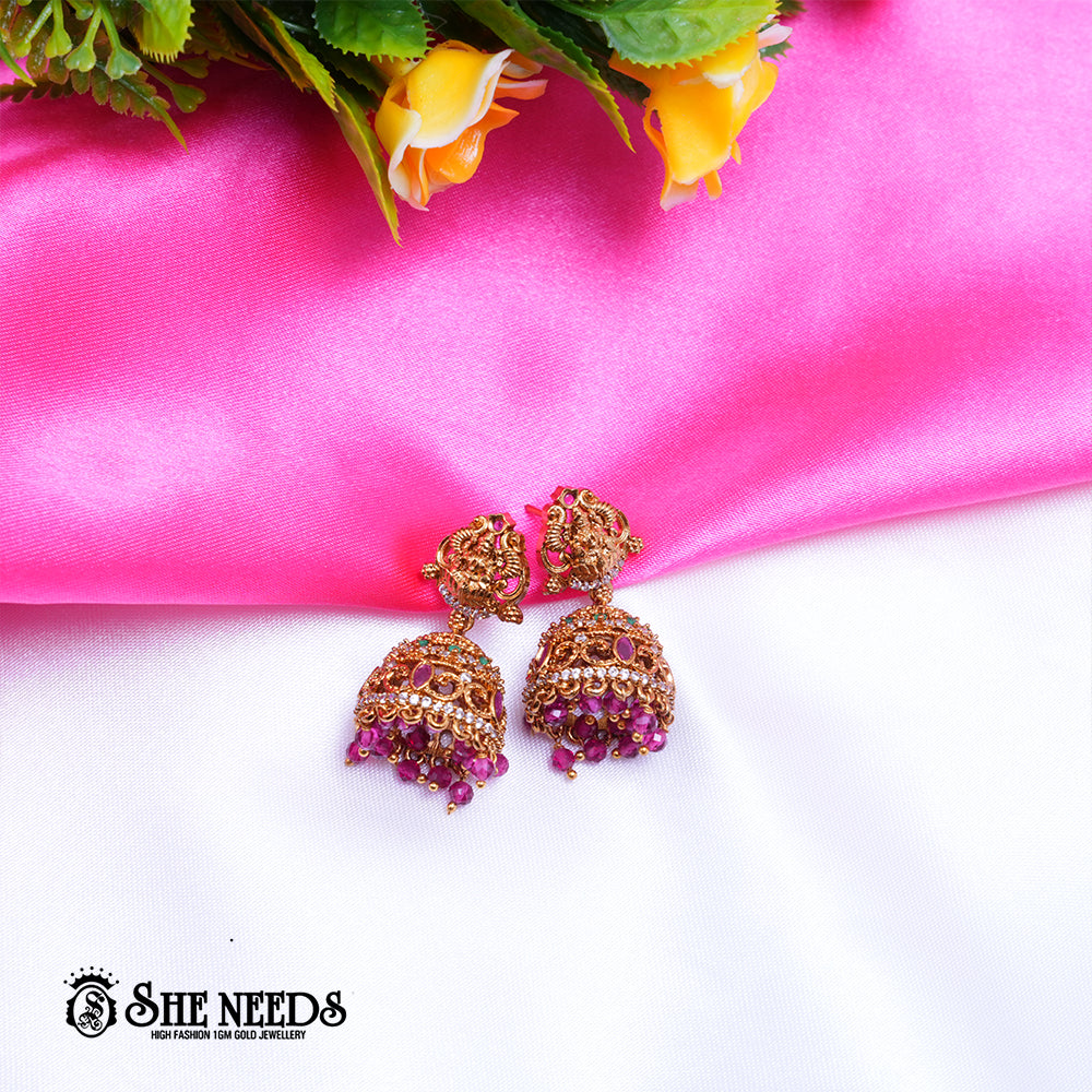 Aaradhya Temple Nakshi CZ Jhumka Earrings for Women