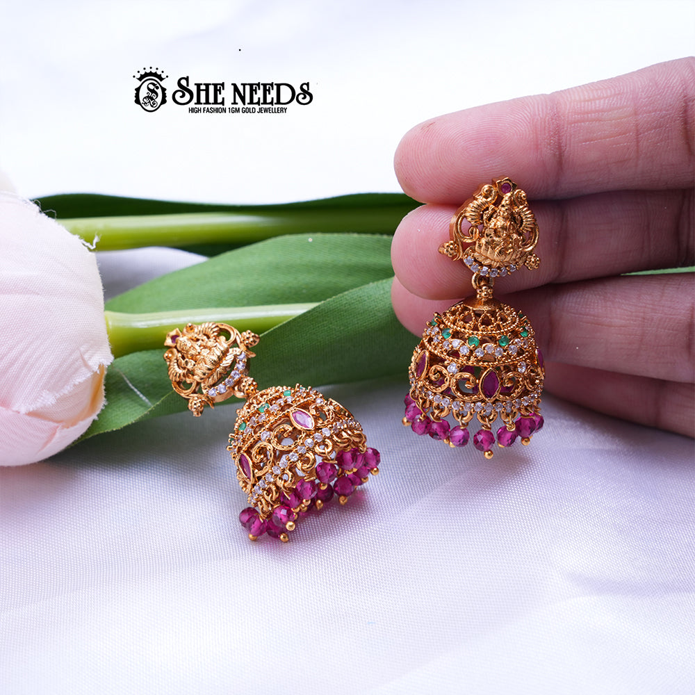 Aaradhya Temple Nakshi CZ Jhumka Earrings for Women