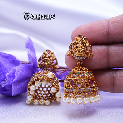 Aaradhya Temple Nakshi CZ Jhumka Earrings for Women
