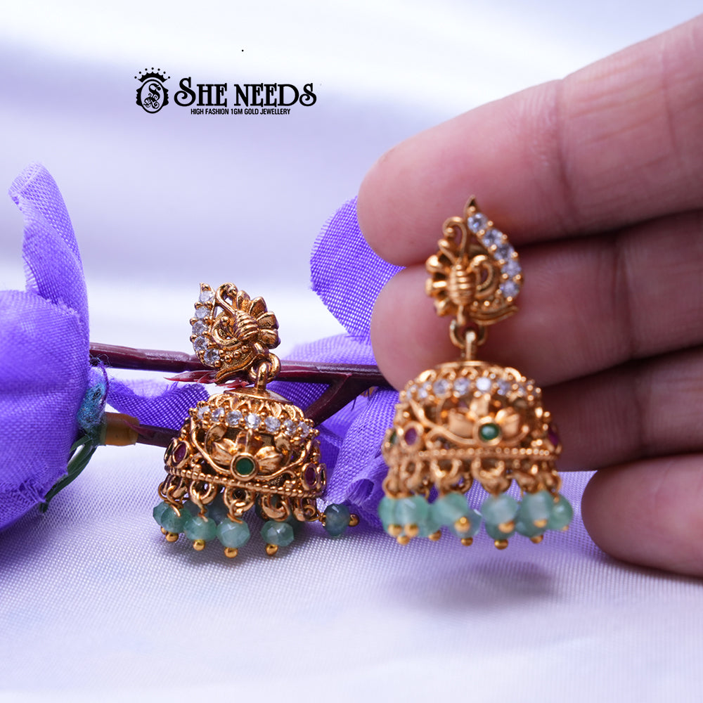 Meher Antique Temple CZ Jhumka Earrings with Pearl Drops