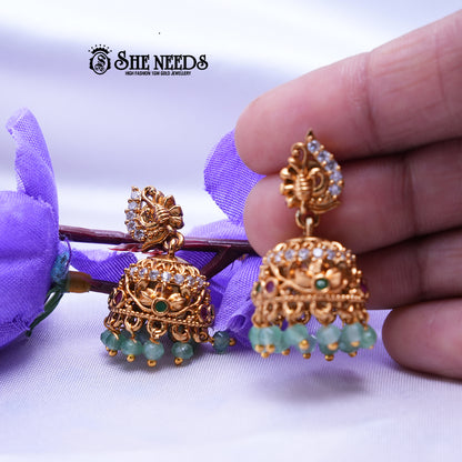 Meher Antique Temple CZ Jhumka Earrings with Pearl Drops