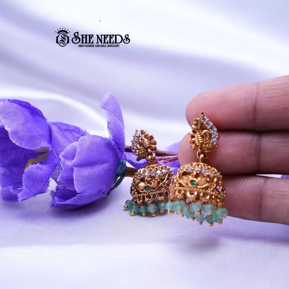 Meher Antique Temple CZ Jhumka Earrings with Pearl Drops