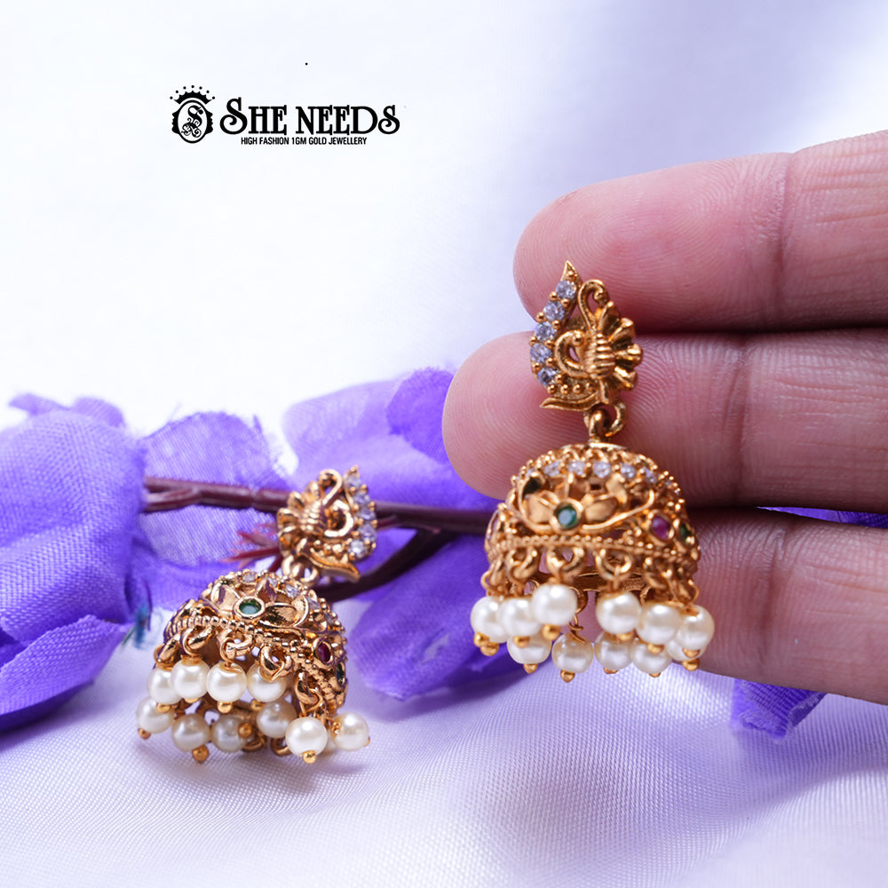 Meher Antique Temple CZ Jhumka Earrings with Pearl Drops