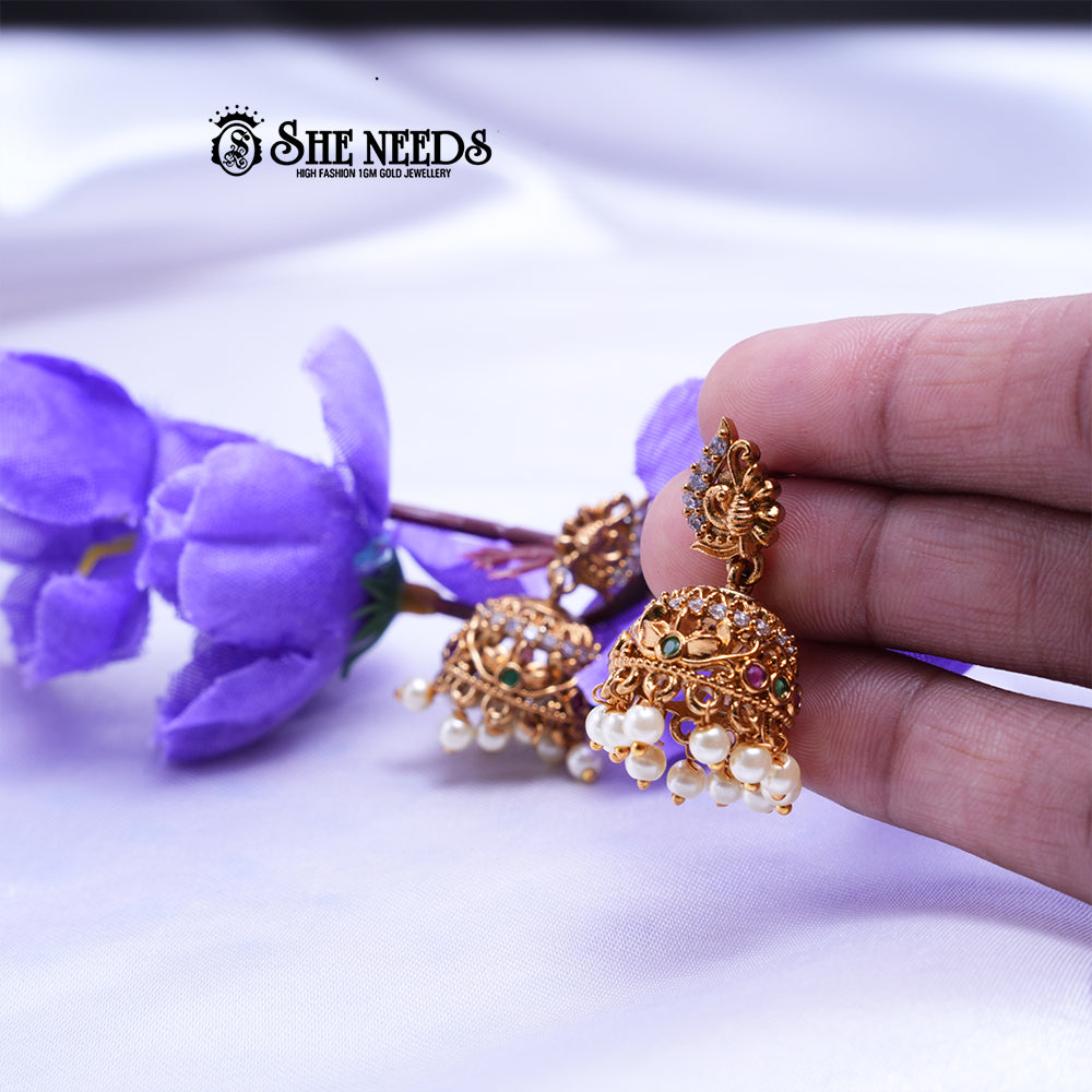 Meher Antique Temple CZ Jhumka Earrings with Pearl Drops