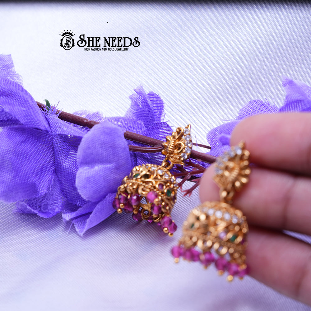 Meher Antique Temple CZ Jhumka Earrings with Pearl Drops