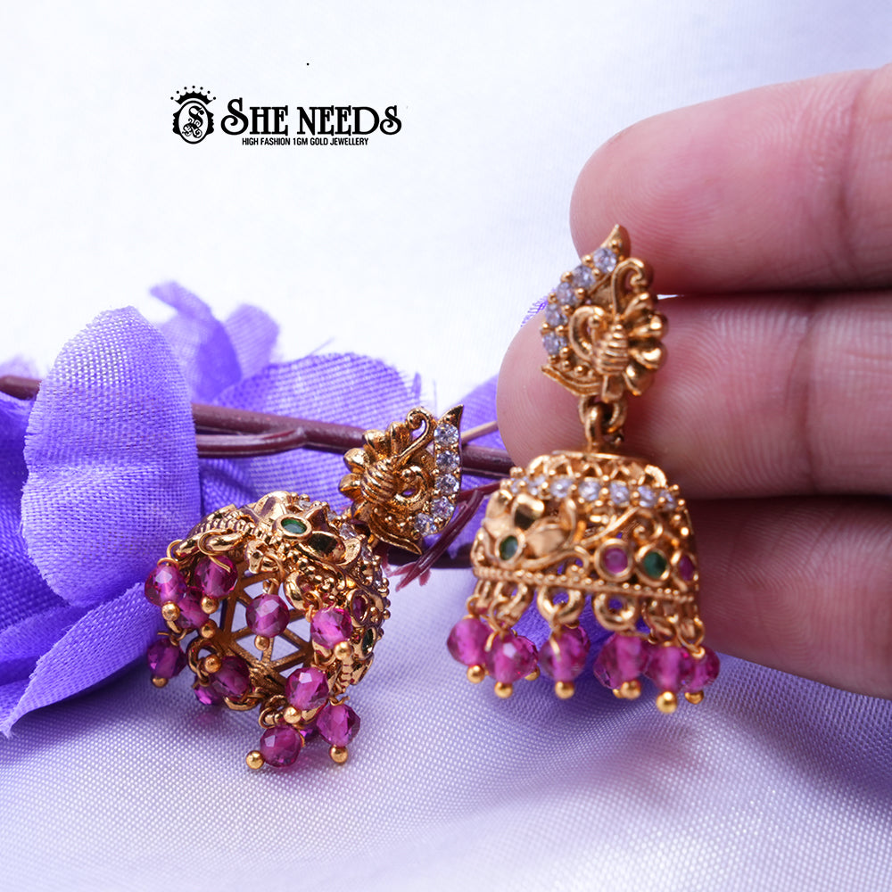 Meher Antique Temple CZ Jhumka Earrings with Pearl Drops