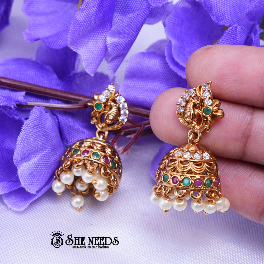 Aishani Temple Nakshi CZ Jhumka Earrings with Beaded Drops
