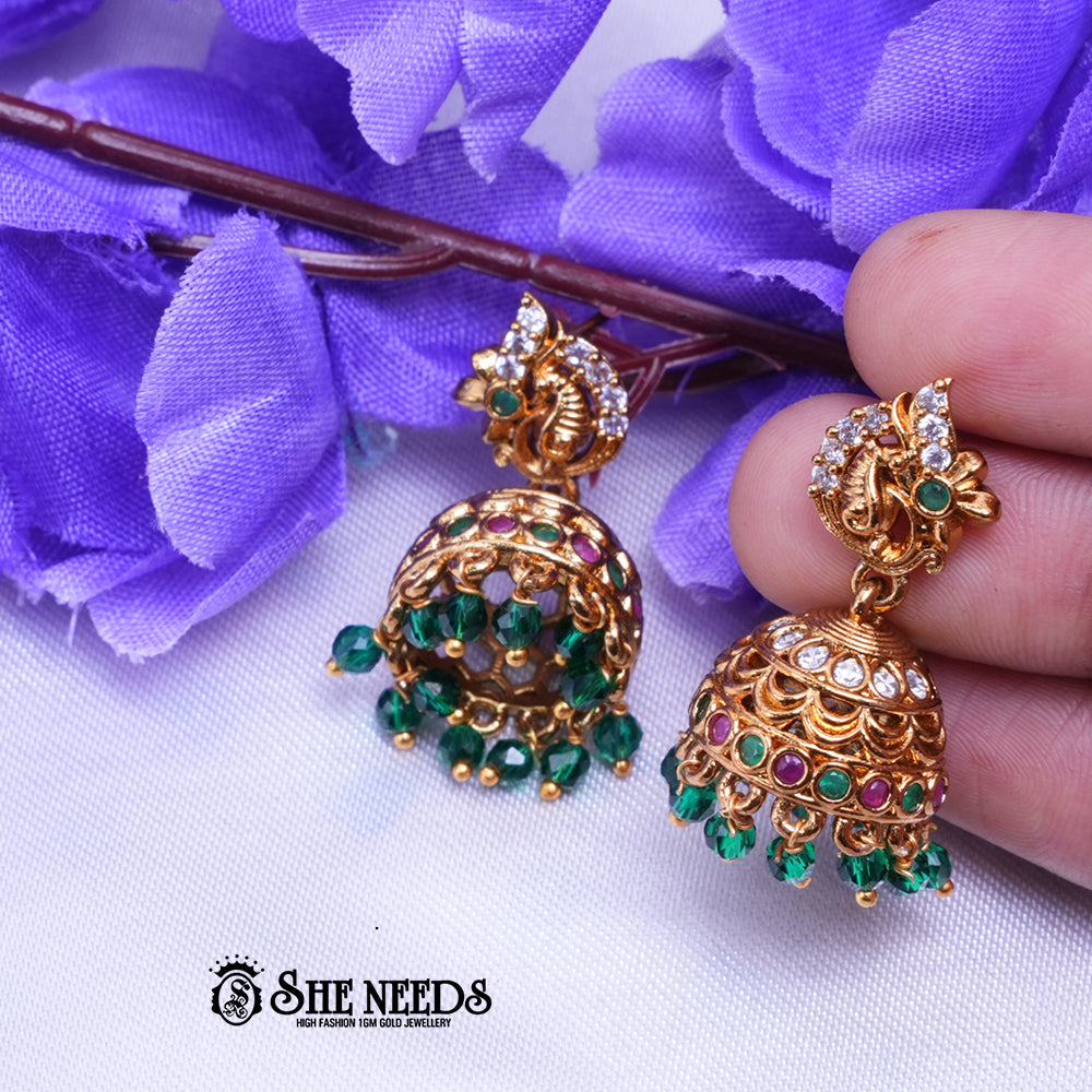 Aishani Temple Nakshi CZ Jhumka Earrings with Beaded Drops
