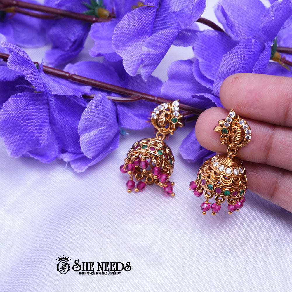 Aishani Temple Nakshi CZ Jhumka Earrings with Beaded Drops