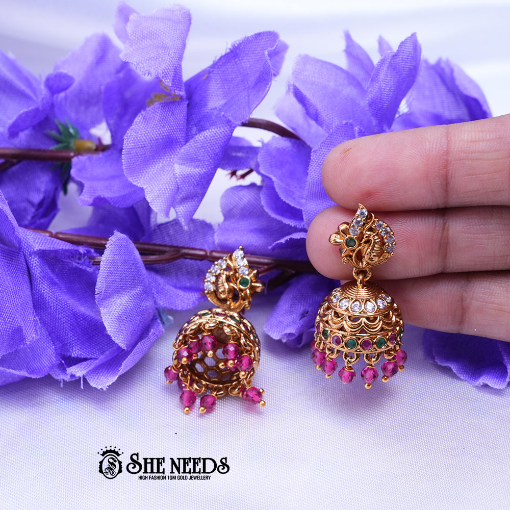 Aishani Temple Nakshi CZ Jhumka Earrings with Beaded Drops