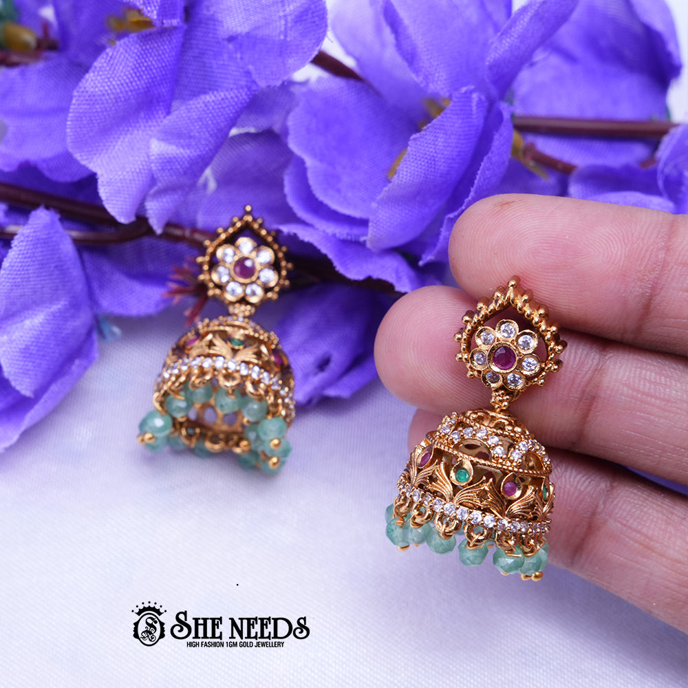 Antique Temple CZ Jhumka Earrings with Pearl Drops for Women