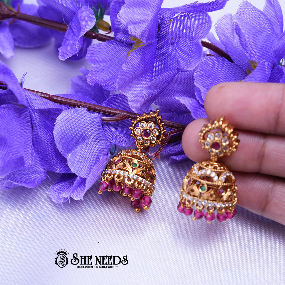 Antique Temple CZ Jhumka Earrings with Pearl Drops for Women