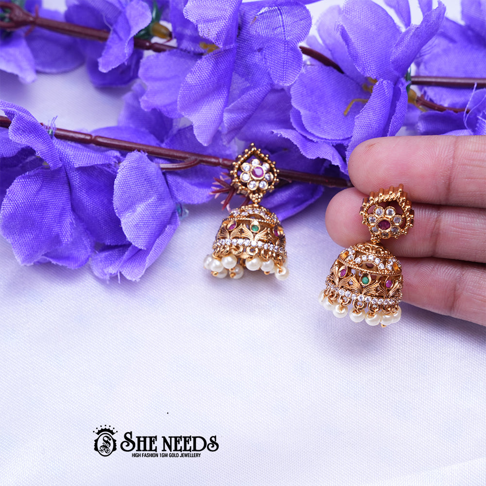 Antique Temple CZ Jhumka Earrings with Pearl Drops for Women