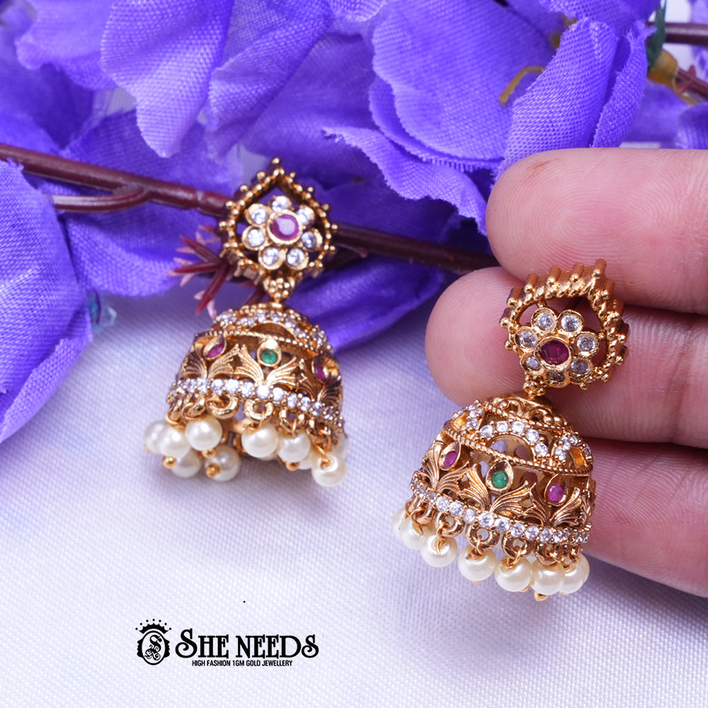 Antique Temple CZ Jhumka Earrings with Pearl Drops for Women
