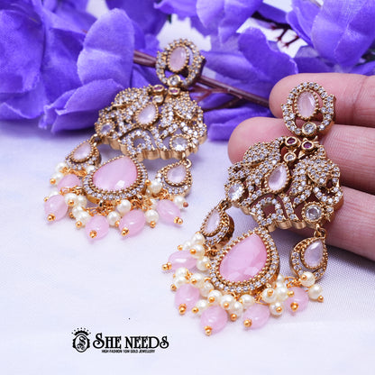 Designer CZ stone chandbali earrings with teardrop stones and pearl bead drops for bridal wear
