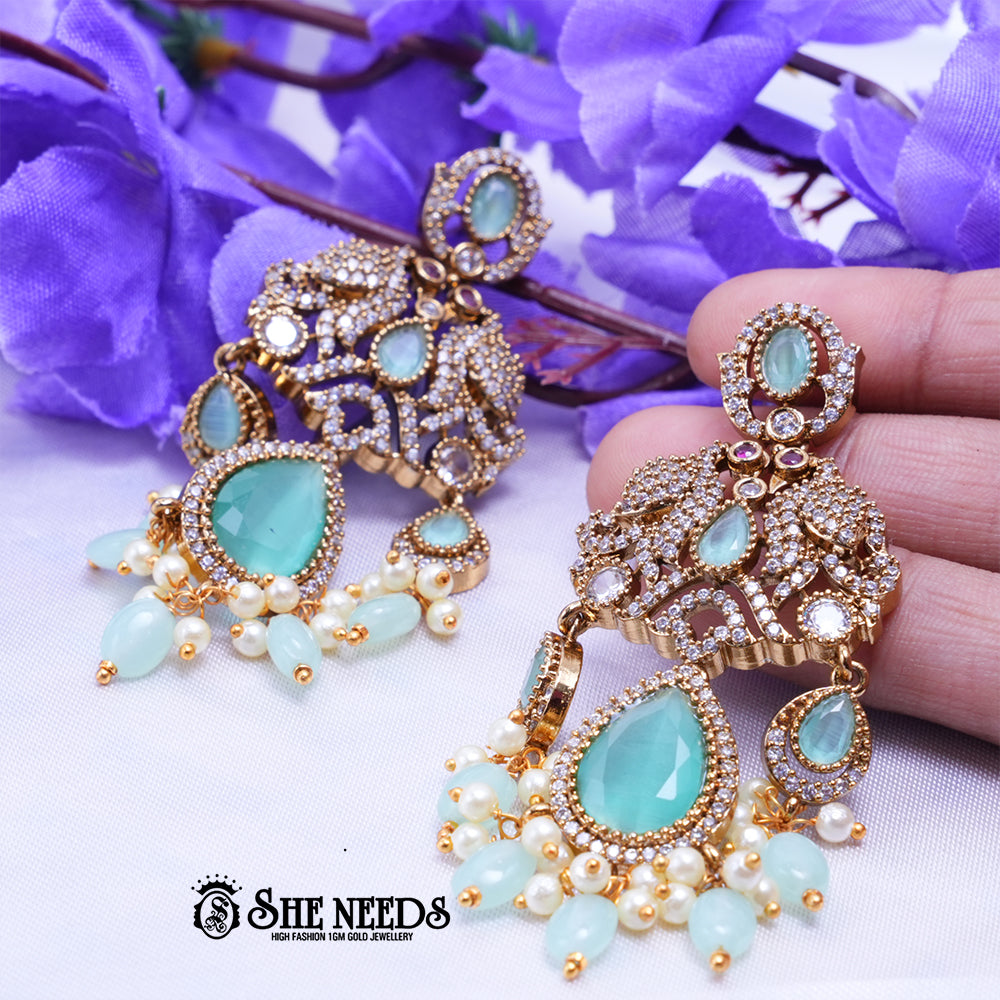 Premium CZ Stone Bridal Chandbali Earrings with Pearl Drops