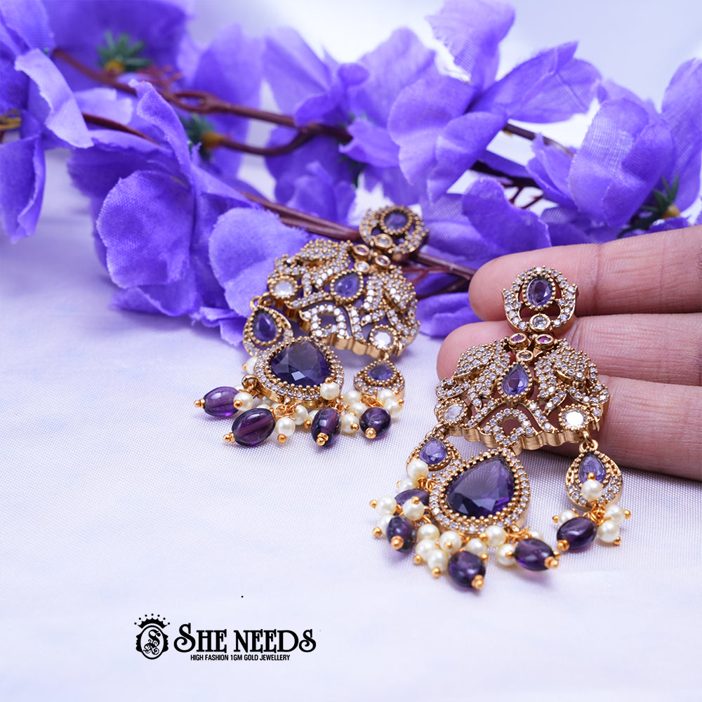Premium CZ Stone Bridal Chandbali Earrings with Pearl Drops
