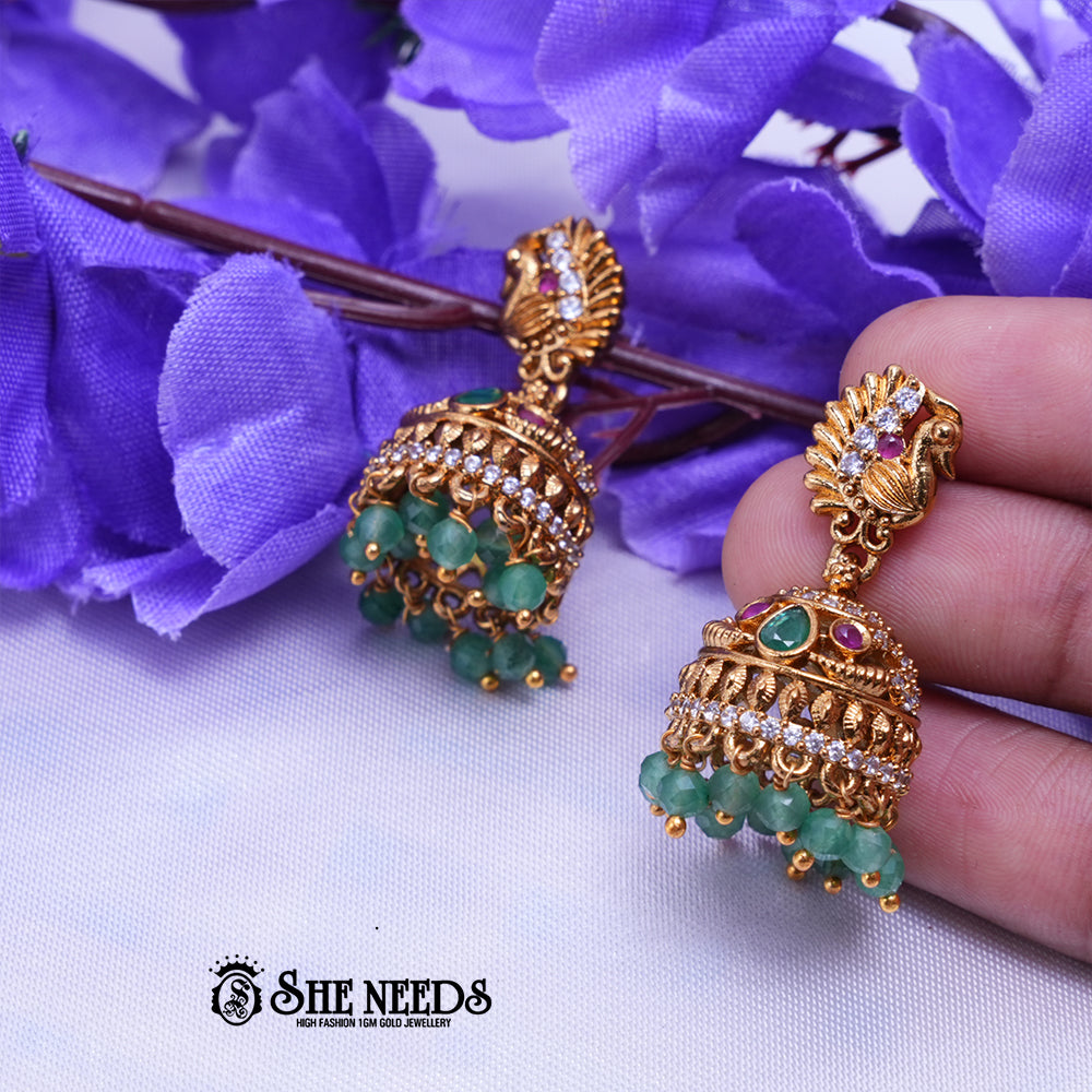 Temple Peacock CZ Jhumka Earrings with Beaded Drops