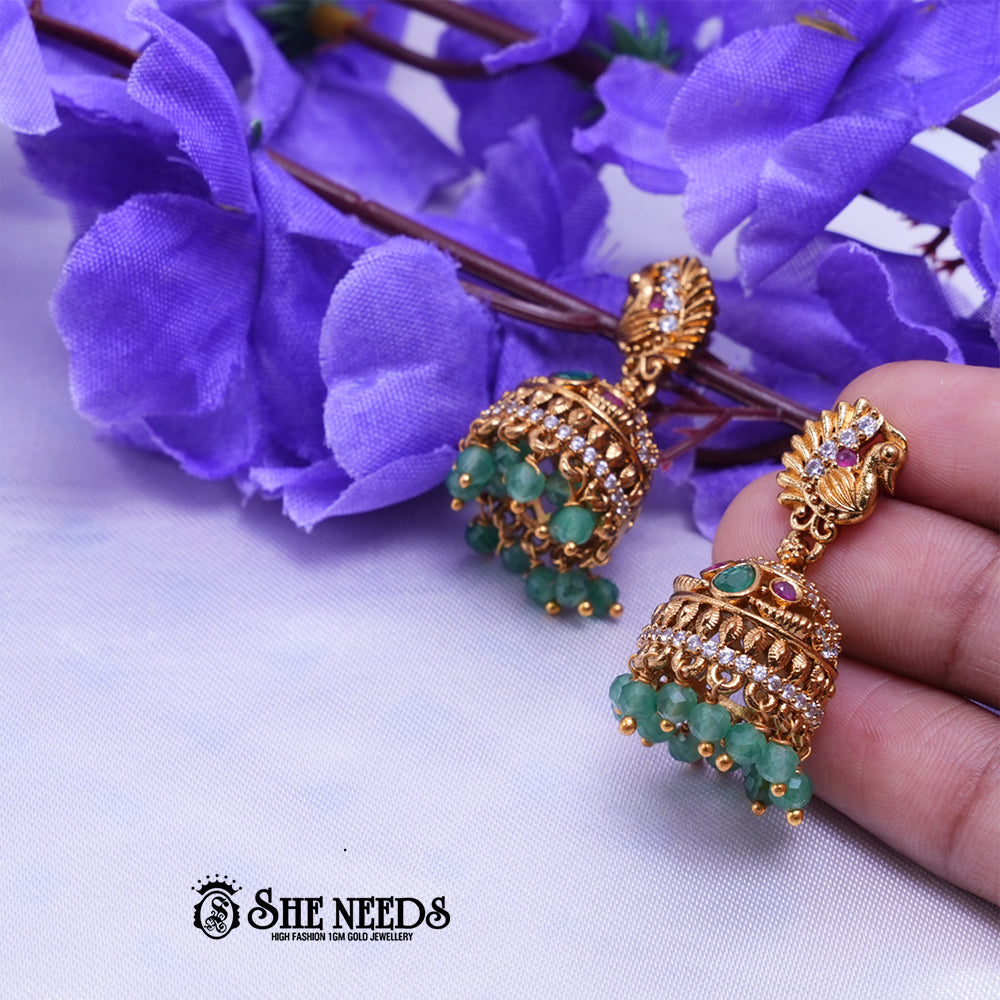 Temple Peacock CZ Jhumka Earrings with Beaded Drops