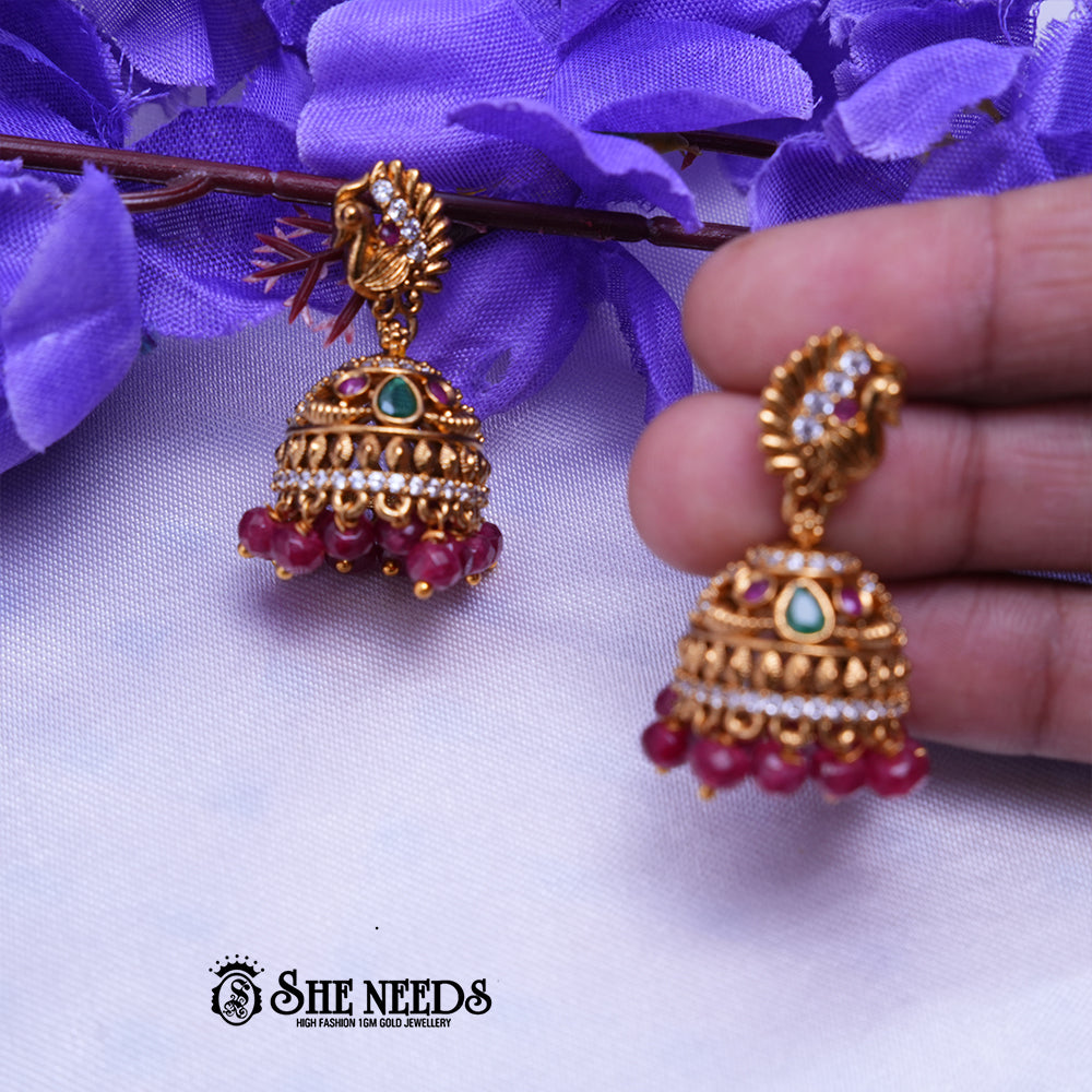 Temple Peacock CZ Jhumka Earrings with Beaded Drops