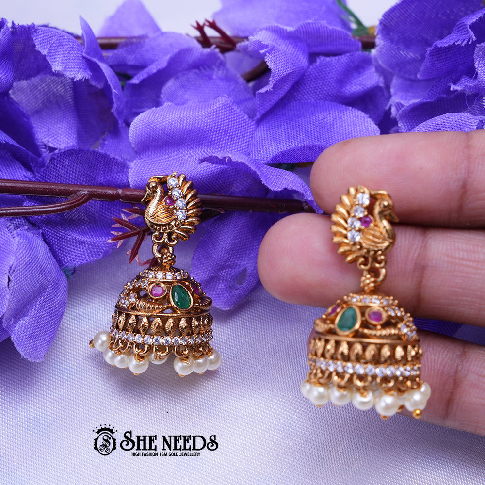 Temple Peacock CZ Jhumka Earrings with Beaded Drops