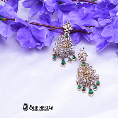Temple Lakshmi chandbali earrings with CZ stones pearl drops traditional antique gold jewellery design