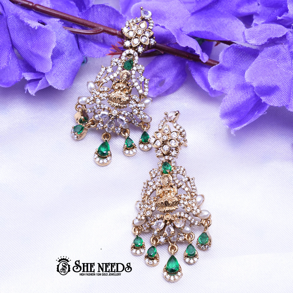Temple Lakshmi chandbali earrings with CZ stones pearl drops traditional antique gold jewellery design
