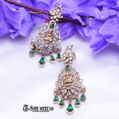 Temple Lakshmi chandbali earrings with CZ stones pearl drops traditional antique gold jewellery design
