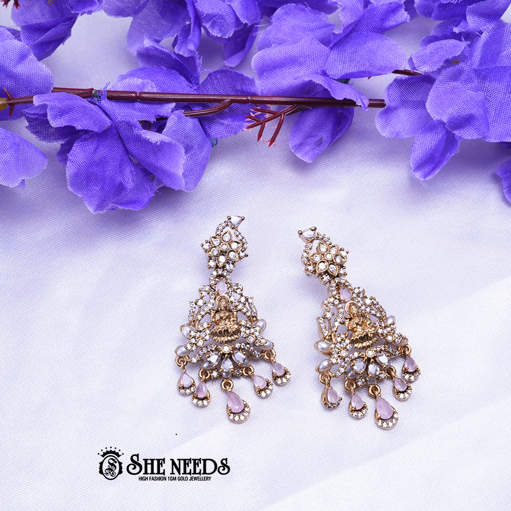 Temple Lakshmi chandbali earrings with CZ stones pearl drops traditional antique gold jewellery design