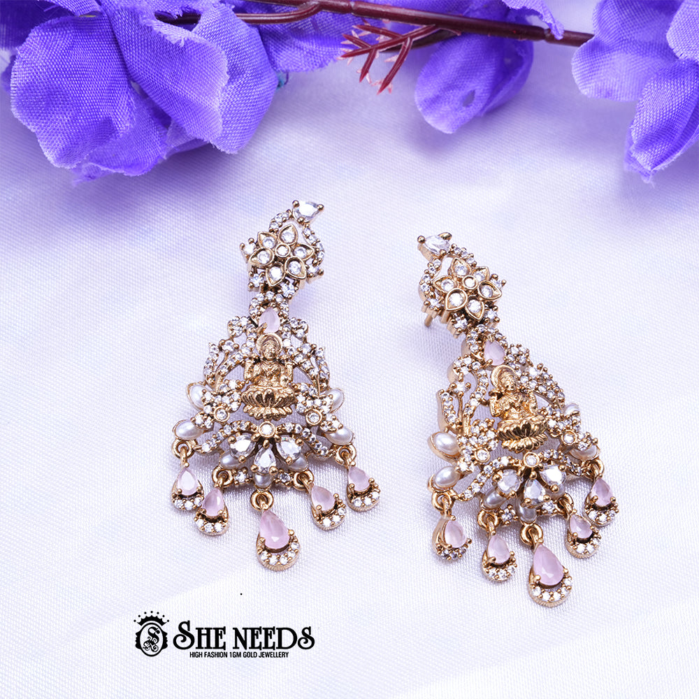 Temple Lakshmi Chandbali Earrings with CZ Stones and Pearl Drop Danglers