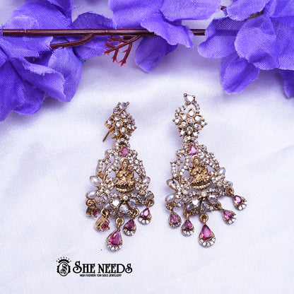 Temple Lakshmi chandbali earrings with CZ stones pearl drops traditional antique gold jewellery design