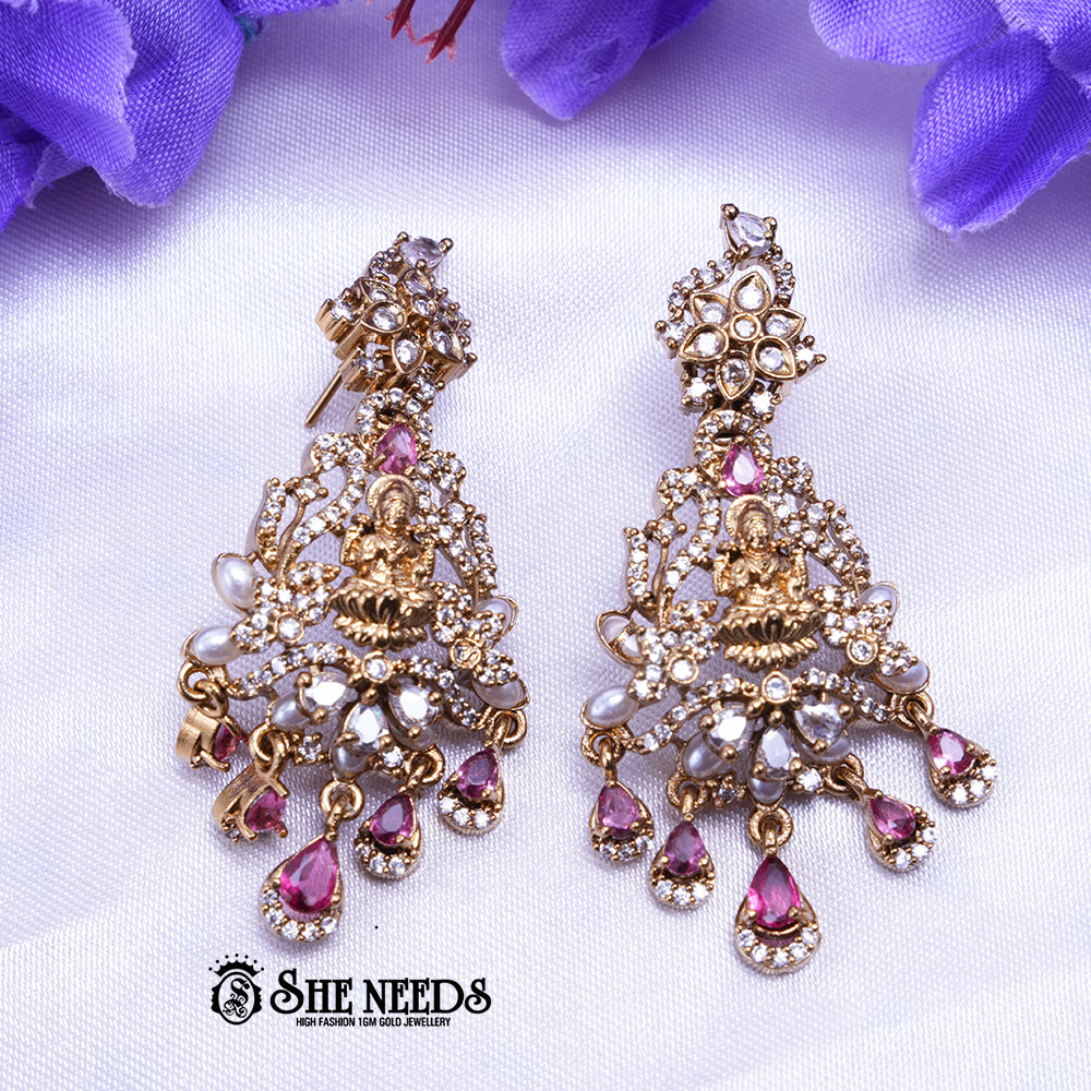 Temple Lakshmi Chandbali Earrings with CZ Stones and Pearl Drop Danglers