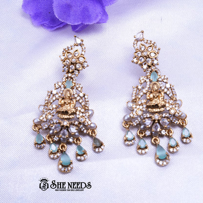 Temple Lakshmi chandbali earrings with CZ stones pearl drops traditional antique gold jewellery design