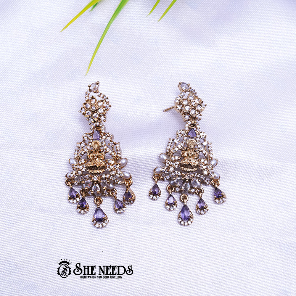 Temple Lakshmi Chandbali Earrings with CZ Stones and Pearl Drop Danglers