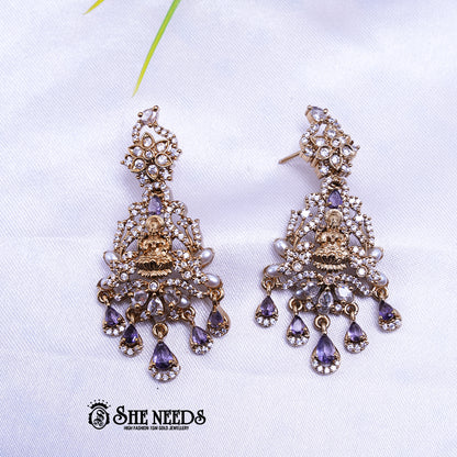 Temple Lakshmi chandbali earrings with CZ stones pearl drops traditional antique gold jewellery design