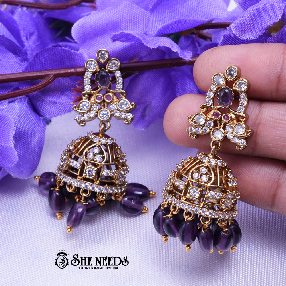 Aarika Antique Gold CZ Stone Jhumka Earrings with Bead Drops | Premium Festive Wear