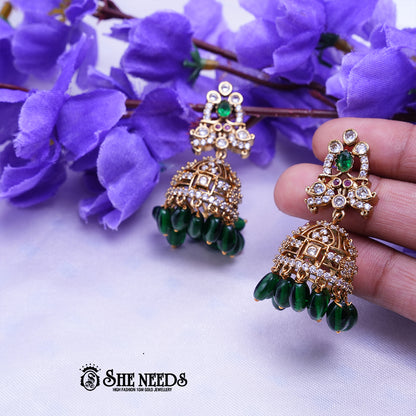 Antique gold jhumka earrings with CZ stones and colorful bead drops for women